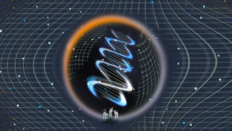 illustration of three scientists looking at DNA structure amid a spacetime grid