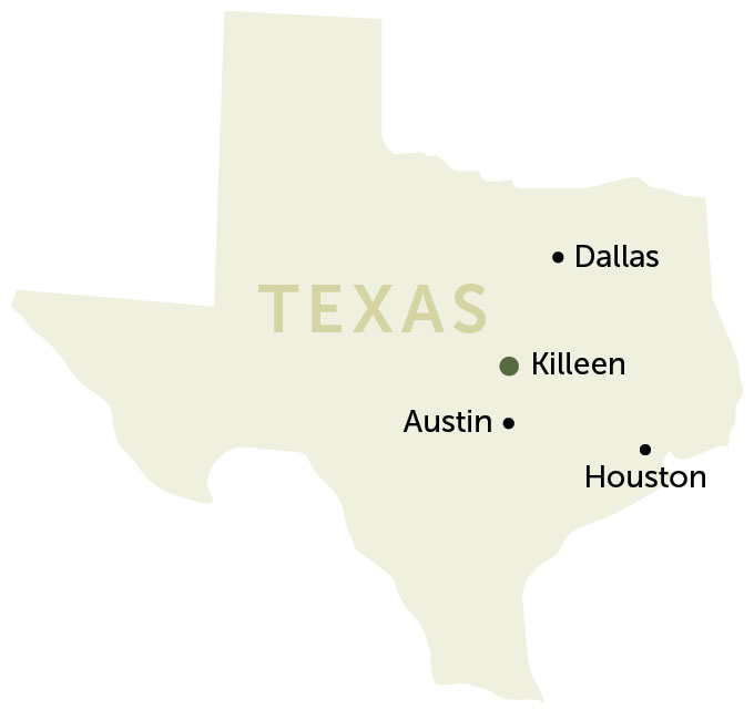 a map of Texas showing locations of Dallas, Austin, Houston, and Killeen