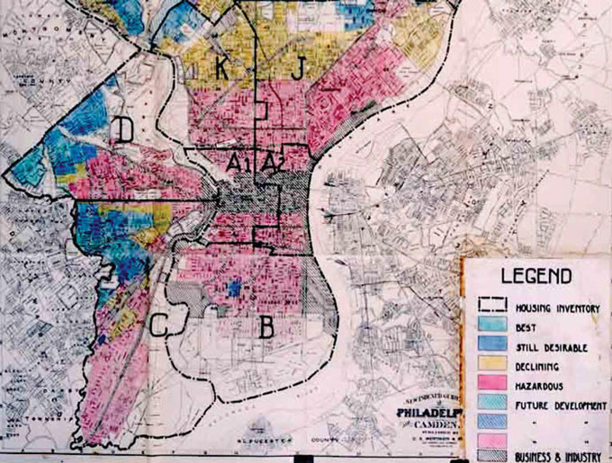 a 1963 map of Philadelphia with "redlined" neighborhoods
