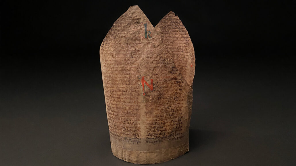an ancient bishop's headgear which was stiffened by manuscripts