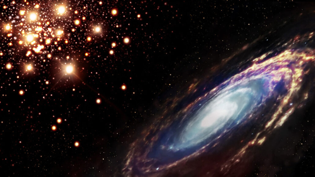 illustration of galaxy M81 next to a cluster of old stars