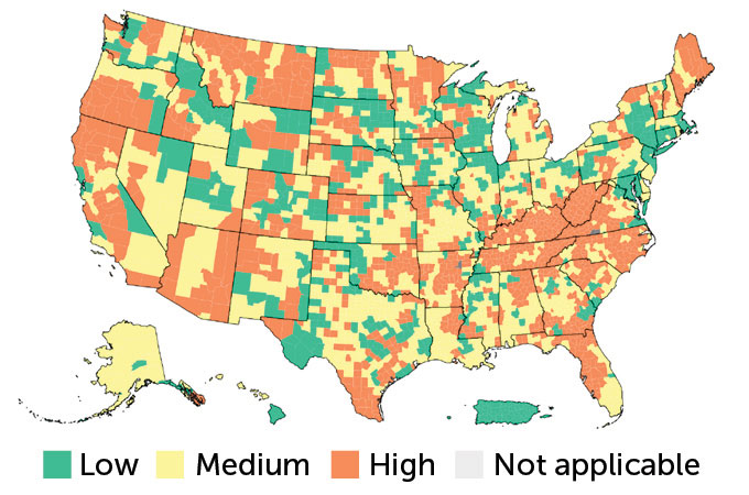 map showing U.S. COVID-19 community levels by county according to the new CDC metrics
