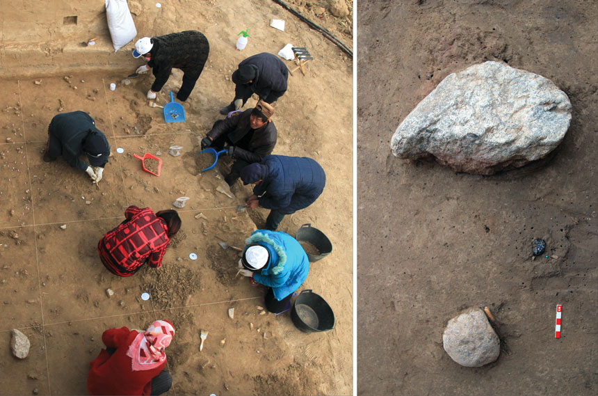Left: excavators working at an archaeological site in northern China. Right: a small stone and larger stone on the ground
