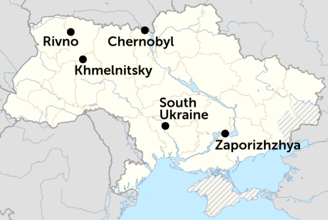 map of Ukraine showing the locations of four nuclear power plants and Chernobyl