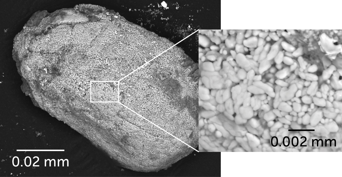 Pebbles near the Hiawatha impact crater in northwestern Greenland contain grains of zircon (one at left) that contain many tiny crystals, some altered by the impact (right). These zircon crystals act as tiny time capsules, helping researchers estimate when the impact occurred.