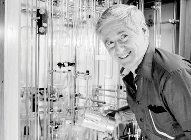 black and white photo of Charles David Keeling in a lab