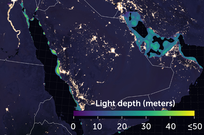 map of light pollution in the Persian Gulf and the Red Sea