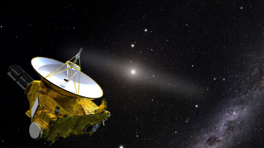 illustration of the New Horizons spacecraft with interplanetary dust in the background and the sun in the very distant background