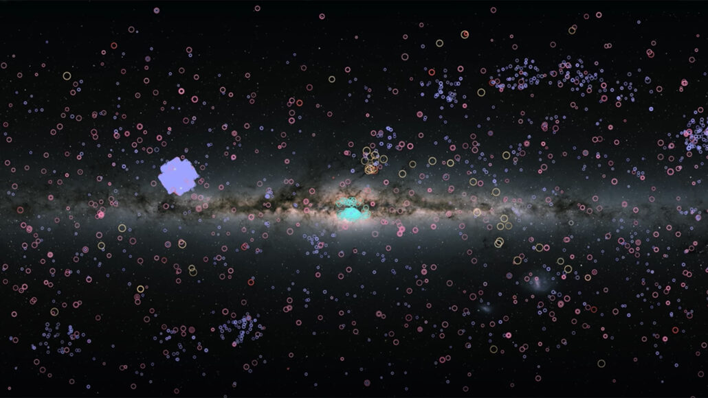 image of the Milky Way with exoplanet orbits indicated by purple circles