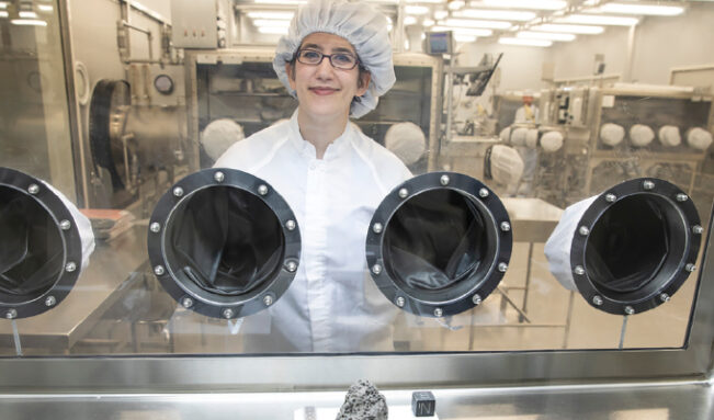 photo of Lisa Grossman looking at a moon rock in a vacuum-sealed container in a clean room