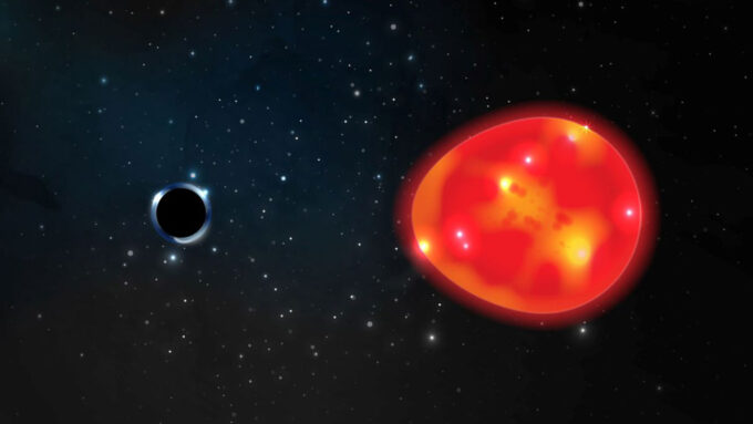 illustration of a black hole and a warped red giant star