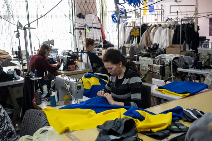 Volunteers in Lviv sew new Ukrainian flags