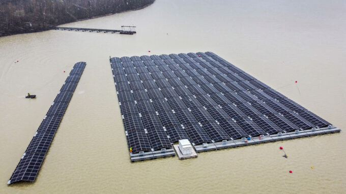 aerial photo of floating solar panels on a lake in Haltern, Germany