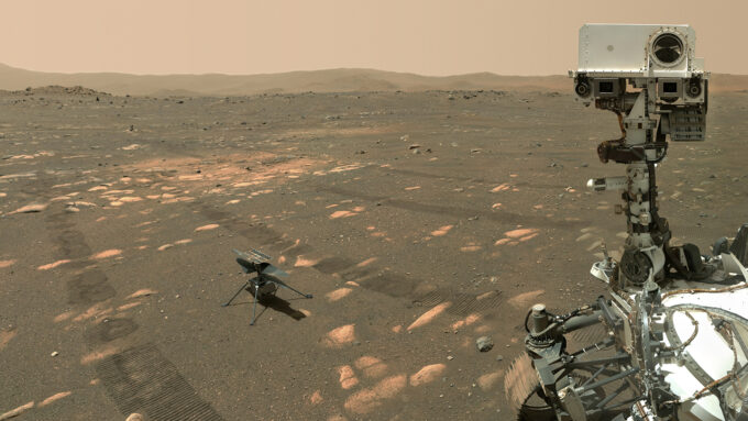 photo of NASA's Perseverance rover next to the Ingenuity helicopter on the surface of Mars