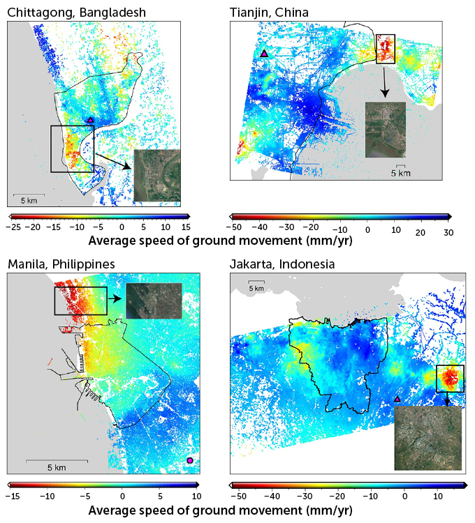 Rates at which the ground level is changing in four coastal cities