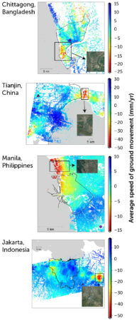 Rates at which the ground level is changing in four coastal cities