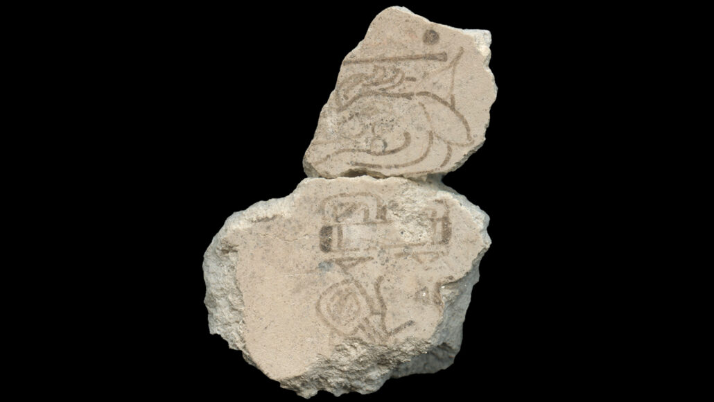 two fragment so of a Maya mural showing a drawing of the 7 Deer hieroglyph