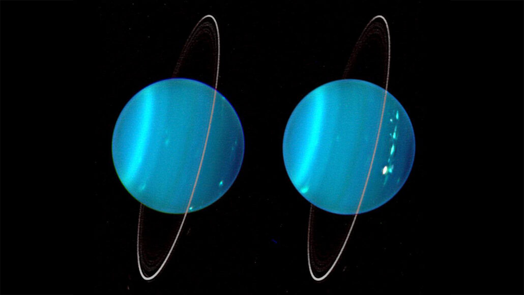 infrared composite image of the two hemispheres of Uranus in blue