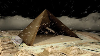 illustration of muon particles raining down on the Great Pyramid of Giza
