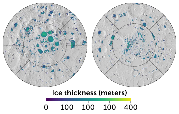 graphic showing potential ice deposits at the moon’s poles