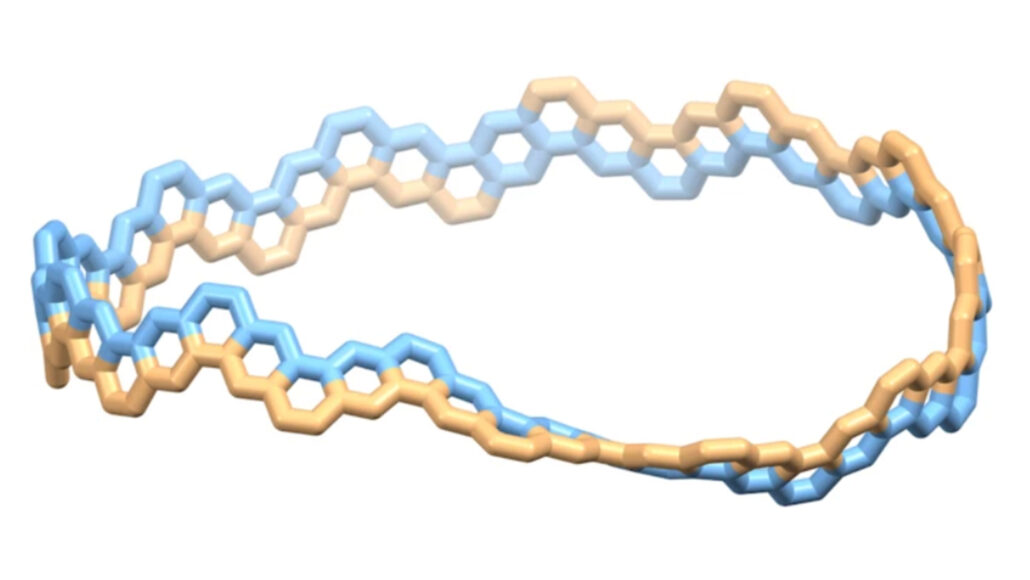 an illustration of a band of carbon atoms that has only one side, like a Möbius strip