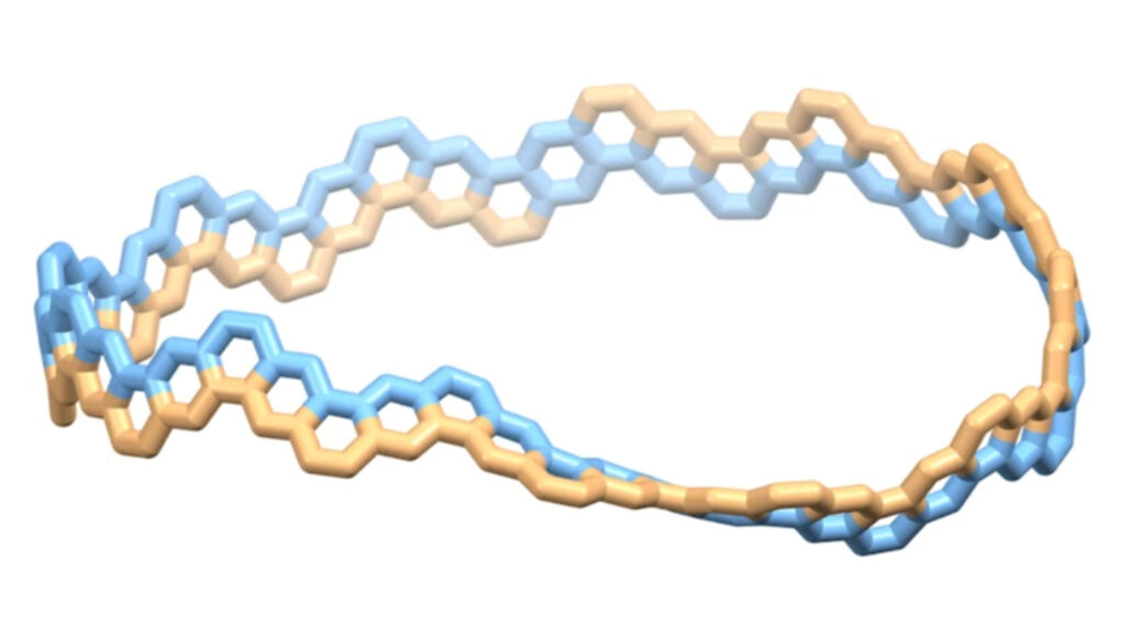 an illustration of a band of carbon atoms that has only one side, like a Mbius strip