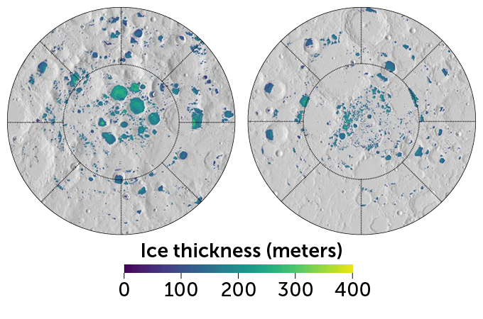 graphic showing potential ice deposits at the moon’s poles