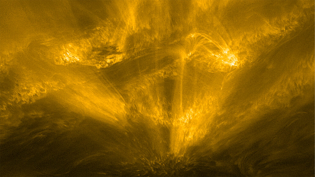 an image of a 'hedgehog,' a newly foυnd featυre on the sυn that appears to radiate spiky jets of cooler gas against a backgroυnd of hotter plasмa