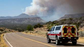 Smoke from the Cerro Pelado fire in New Mexico in the background against an emergency vehicle driving on an empty road