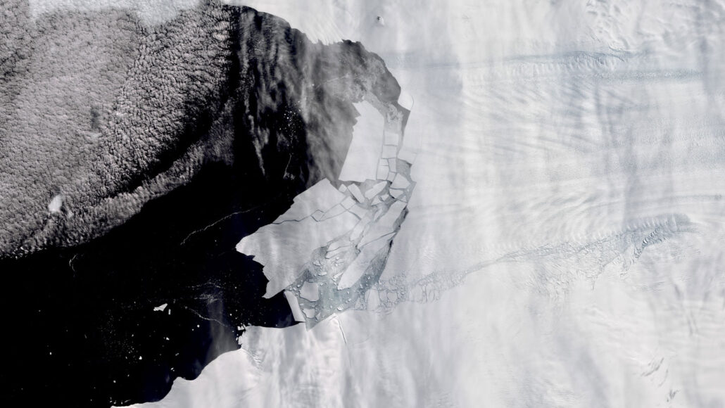 Satellite image of an Antarctic glacier shedding ice into Pine Island Bay