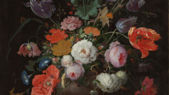 painting of a bouquet of flowers that includes a yellow rose near the center