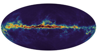 Oval-shaped dark blue map of the Milky Way with color patterns representing concentrations of galaxy mergers, supernovas and newborn stars.