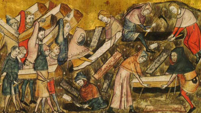 a drawing of the citizens of Tournai, Belgium digging graves and carrying caskets during the Black Death