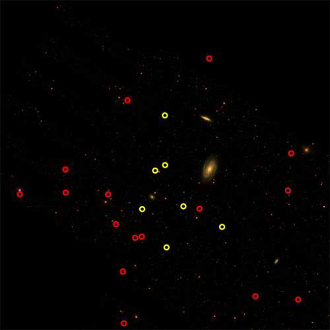 map of galaxies in the M81 galaxy group. Known satellites are circled in red, while seven newfound candidates near the center are circled in yellow