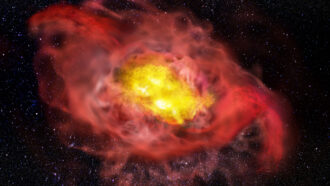 illustration of galaxy A1689-zD1 showing warmer gas in yellow in the middle and cooler gas in red spreading out