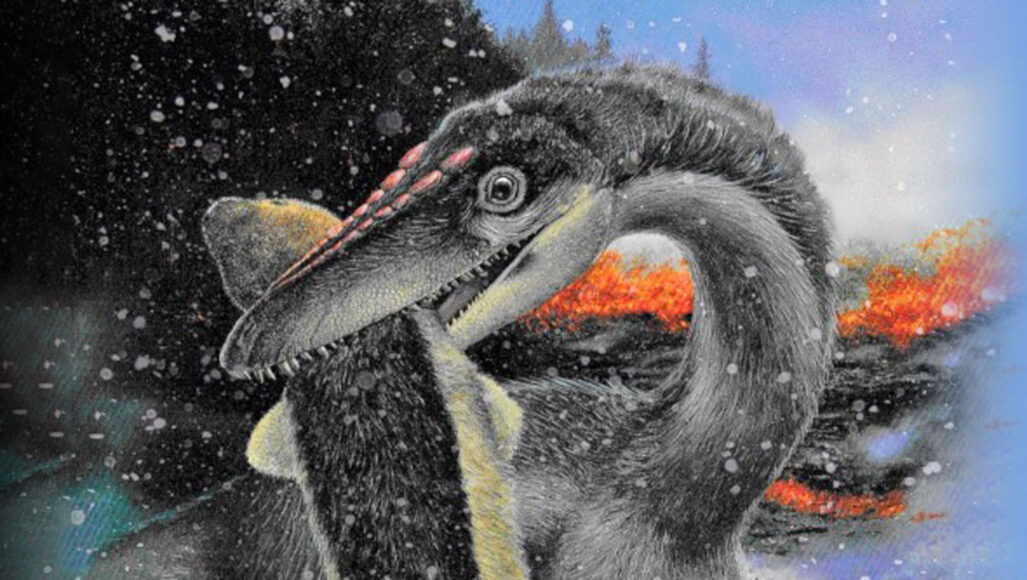 illustration of a feathered theropod dinosaur eating a small furry mammal