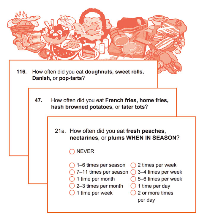 food frequency questionnaire screenshot showing questions about how often you eat doughnuts, french fries and fresh peaches