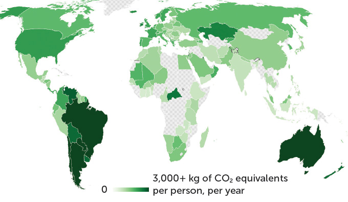 Greenhouse gas emissions caused by the average person’s diet, by country