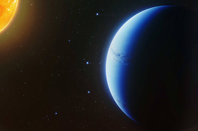 illustration of exoplanet WASP 96b facing its star