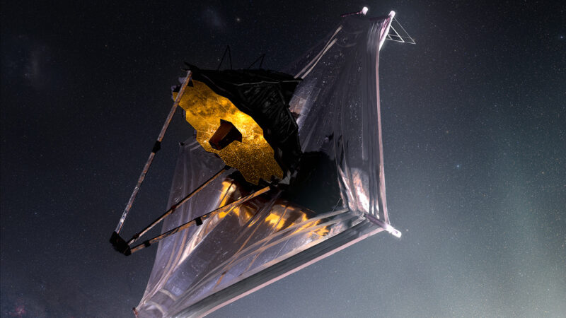 Illustration des James-Webb-Weltraumteleskops, das sich vor dem Hintergrund des Weltraums entfaltet
