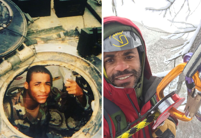 a composite image with a photo of Desmond Mullins in Iraq with the National Guard and on the right climbing a mountain