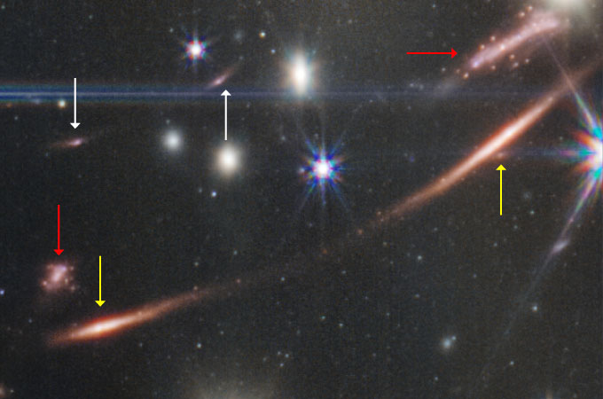 a section of the JWST deep field image with multiply imaged galaxies marked by arrows