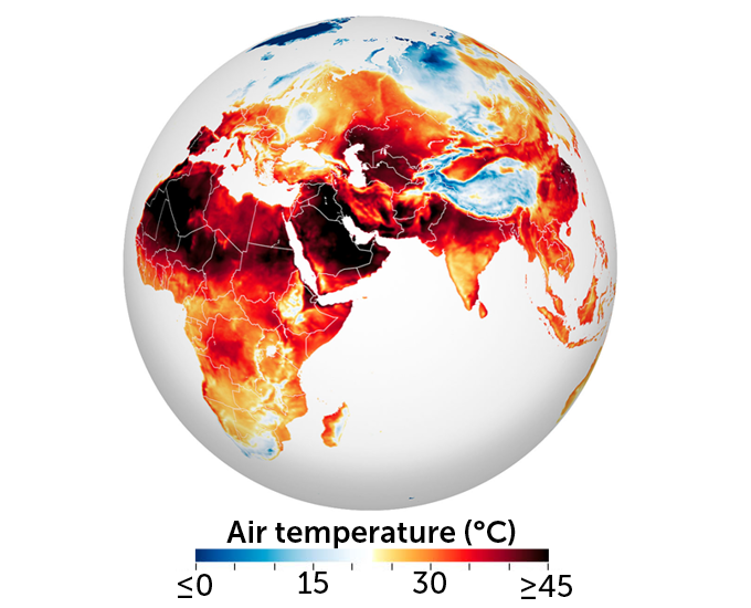 global map of surface air temperature in the Eastern Hemisphere on July 13, 2022