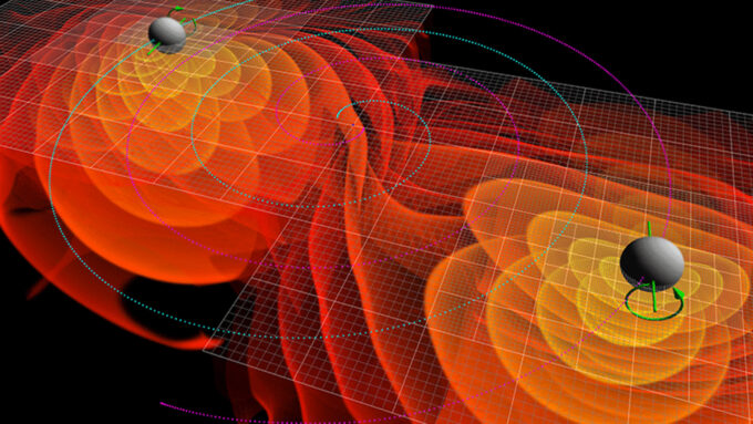 Illustration of two black holes merging and emitting gravitational waves. The black holes, illustrated as dark spheres, have green arrows indicating spin in opposite directions