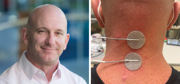 photo of John Chernesky next to a photo of electrodes on the back of his neck