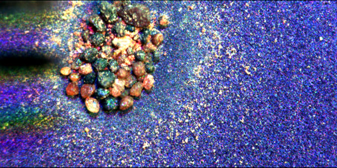 Dark, spherical grains nested in a field of finer, bluish sand