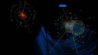 A candidate WWW event is visualized. On a black backdrop, one part of the image shows a reddish burst of energy with a green ring surrounded by a yellow ring. Another part of the image shows a similar event, but witih red, green and white lines illustrating particles' tracks, and surrounded by additional light in various colors.