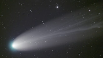 Comet Leonard streaking across the night sky, with a greenish tinge at its head