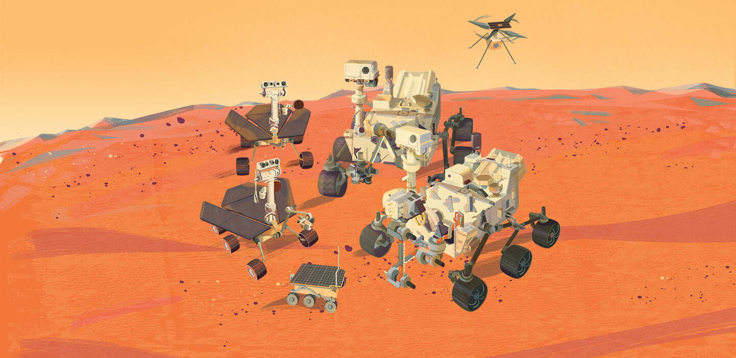 illustration of different mars rovers on the martian surface