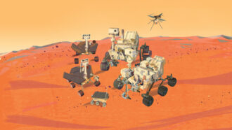 illustration of different mars rovers on the martian surface